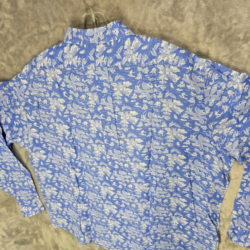 Ralph Lauren Button Down Shirt Mens XXL Blue White Linen Hawaiian Aloha Classic